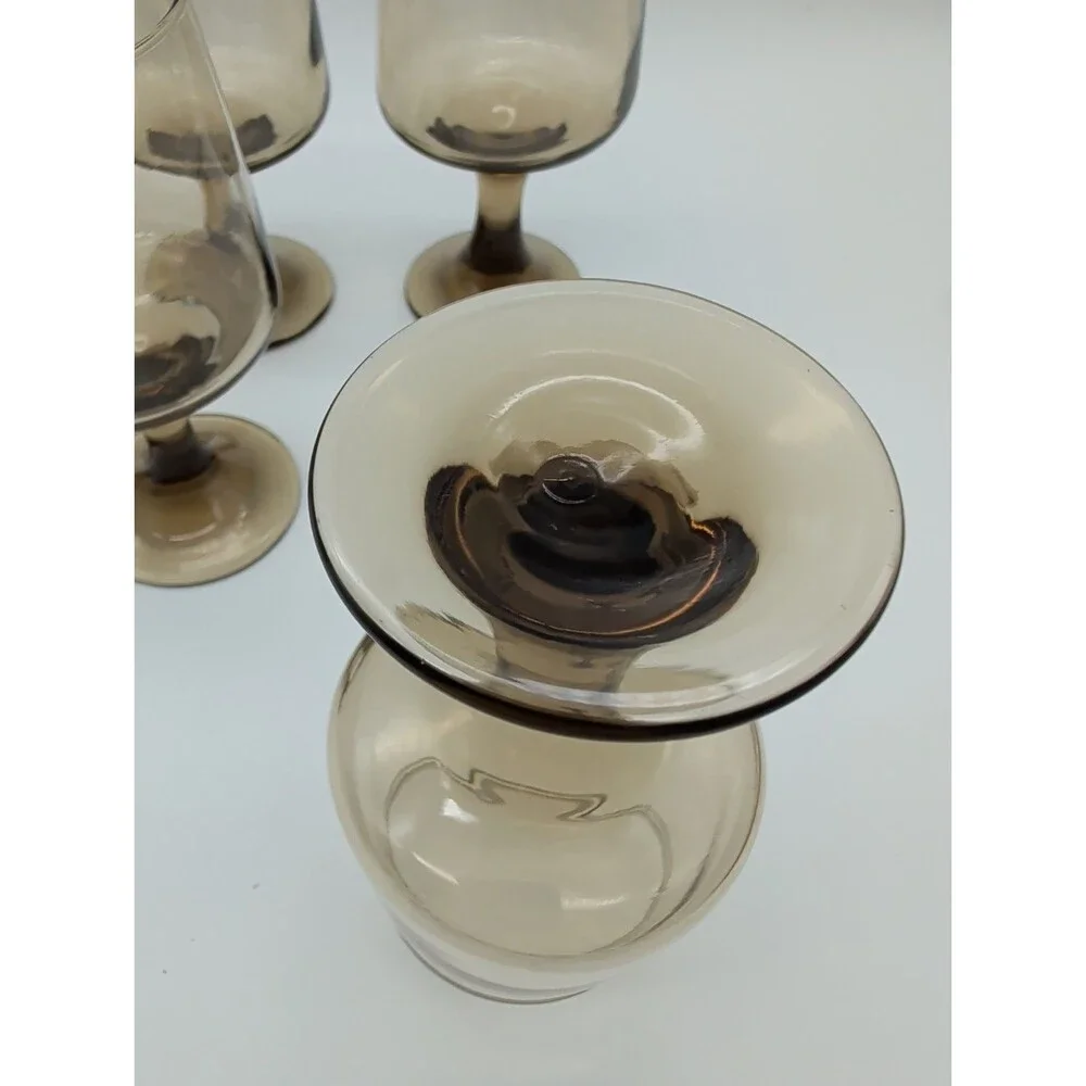 6 Libbey Tawny Accent Wine Glass Set Vintage Smoke Brown Retro Bar Stemware Lot